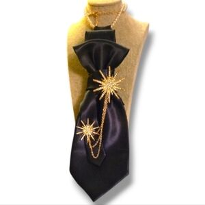 Satin Navy Statement Folded Cravat Necklace with Gold Starburst Accents